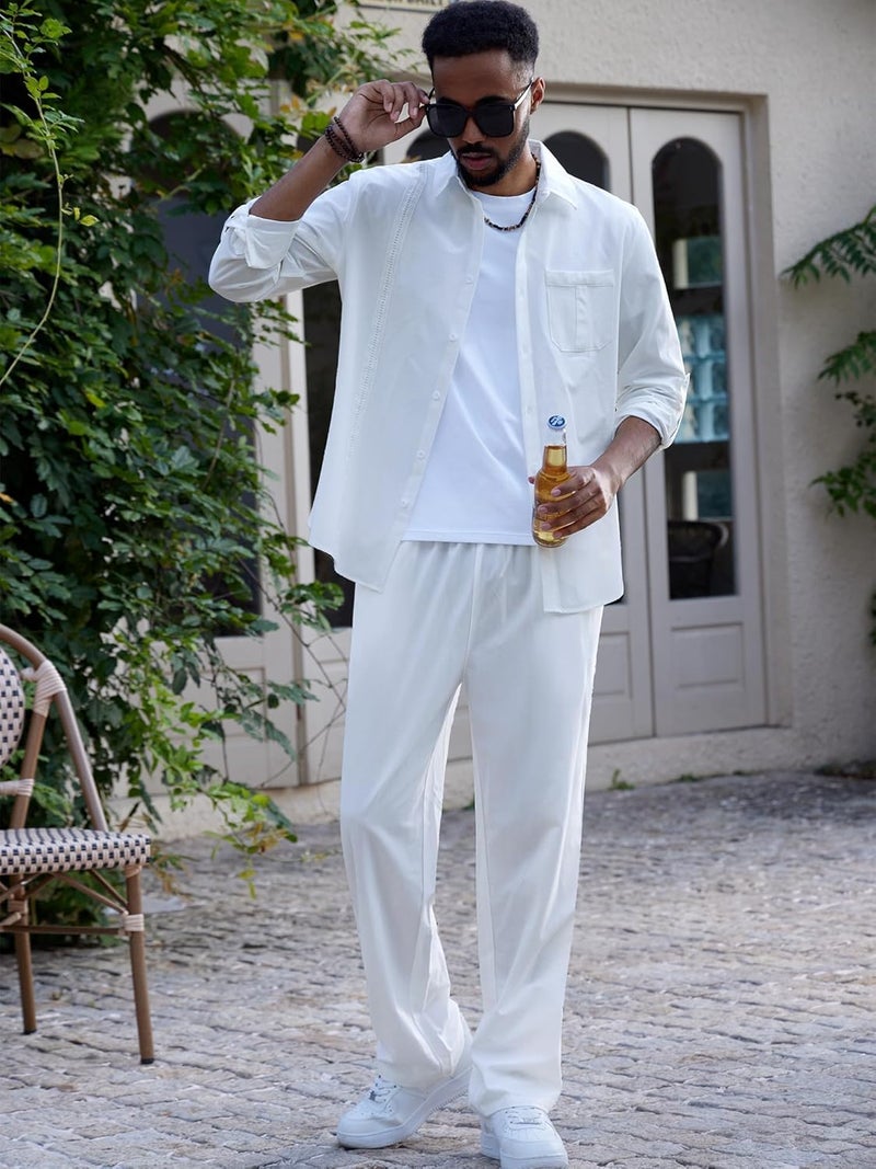 WEEN CHARM Mens Shirts Casual 2 Piece Long Sleeve Button Down Cuban Shirt and Pants Set Summer Beach Outfits - Image 4